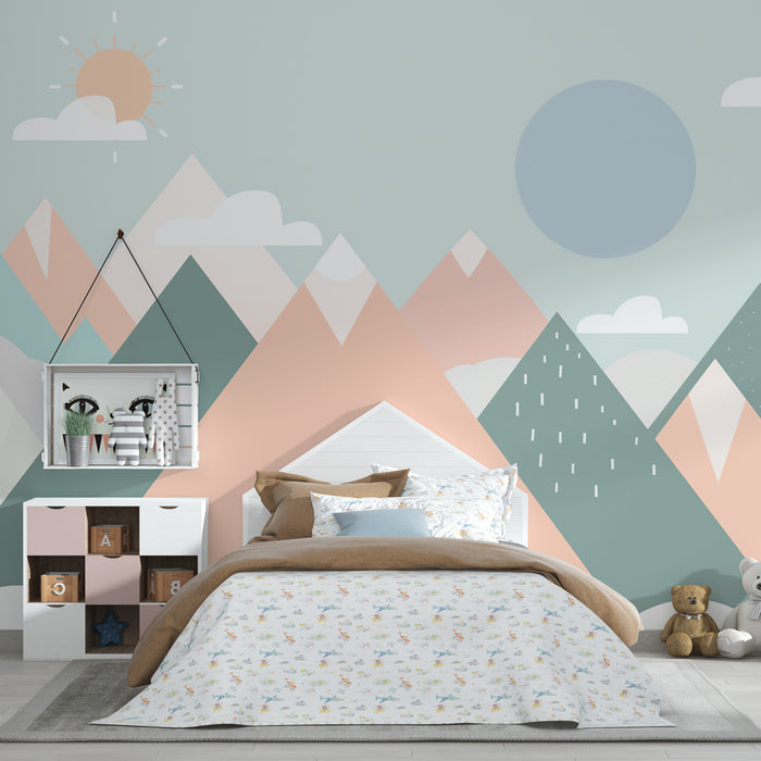 Papier peint chambre enfant | Montagnes pastel et nuages rêveurs