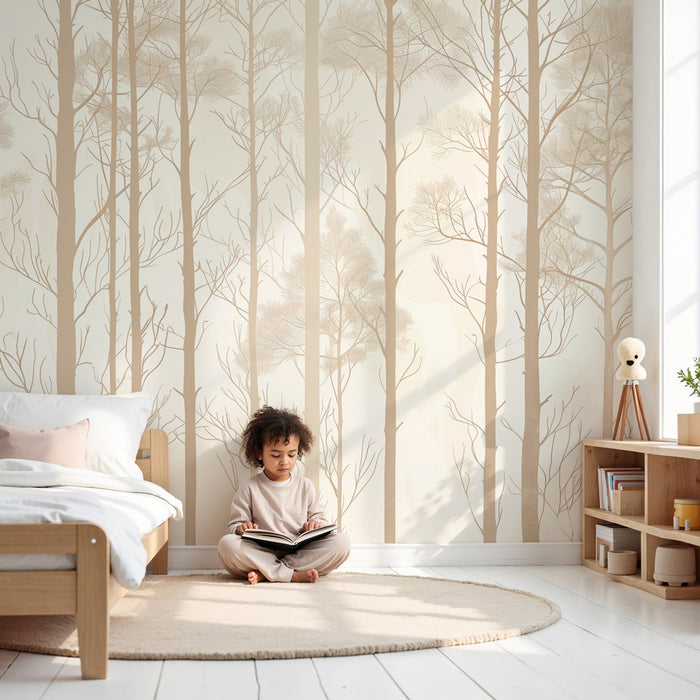 Kinderzimmer Tapete | Minimalistischer Wald mit schlanken Bäumen und sanften Tönen