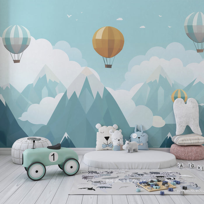 Barntapet | Luftballonger och pastellfärgade berg i den azurblå himlen