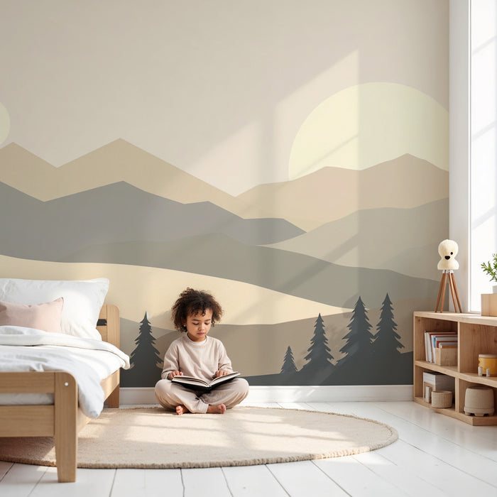 Kids room wallpaper | Geometric mountains and pastel sun
