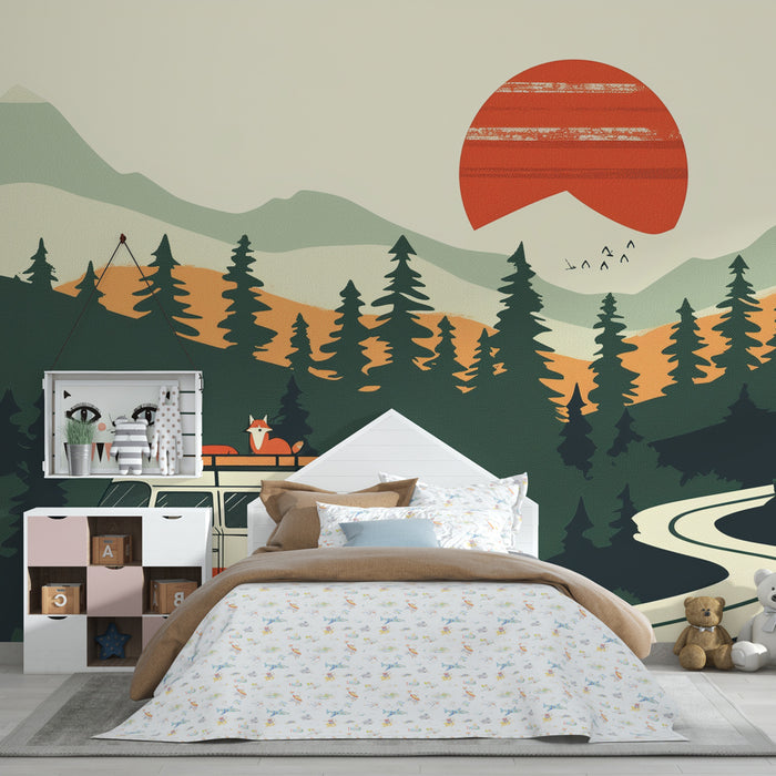 Papel pintado infantil | Aventura retro en el bosque con puesta de sol
