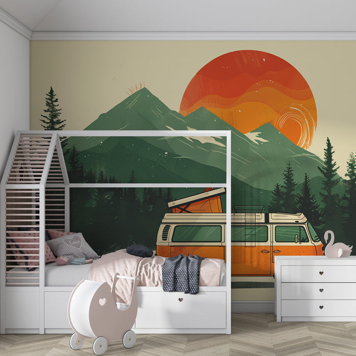 Lastenhuoneen tapetti | Retro-seikkailu vuorilla oranssilla pakettiautolla ja auringonlaskulla