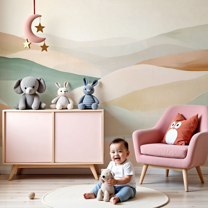 Papel pintado infantil | Paisaje acuarela pastel y colinas suaves