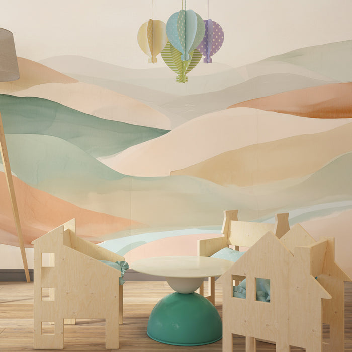 Papel pintado infantil | Paisaje acuarela pastel y colinas suaves