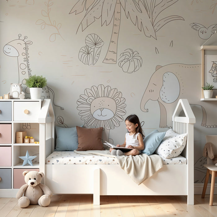 Nursery room wallpaper | Soft safari with playful animals and pastel tones