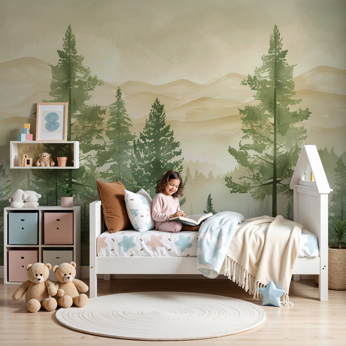 Papel pintado infantil | Bosque encantado en tonos pastel y montañas brumosas
