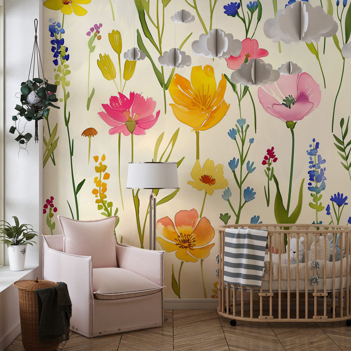 Børneværelse tapet | Blomsterhave - Forårsfyldt farvepragt