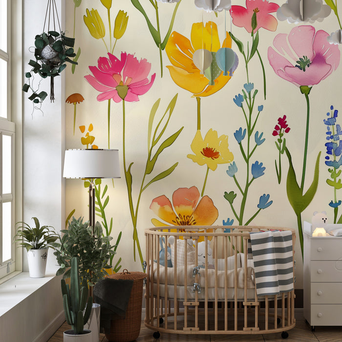 Børneværelse tapet | Blomsterhave - Forårsfyldt farvepragt