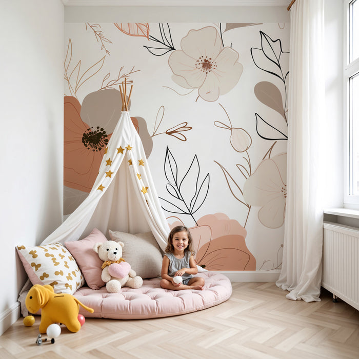 Nursery room wallpaper | Modern flowers in terracotta and cream tones