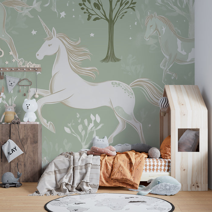 Kids room wallpaper | Elegant unicorns and enchanted forest