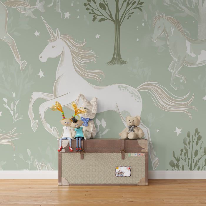 Kids room wallpaper | Elegant unicorns and enchanted forest
