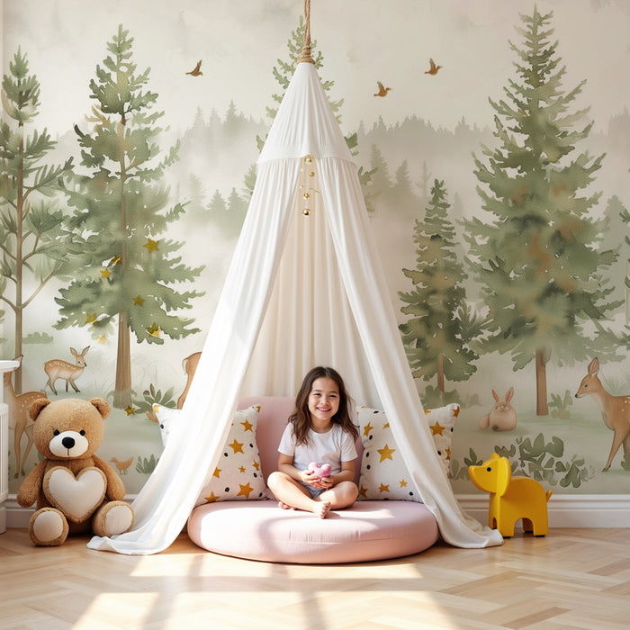 Kinderzimmer Tapete | Verwunschener Wald mit Hirschen und Waschbären