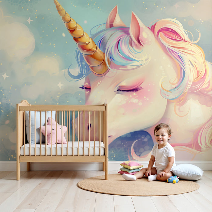 Papier peint chambre enfant | Licorne rêveuse aux couleurs pastel et nuages étoilés