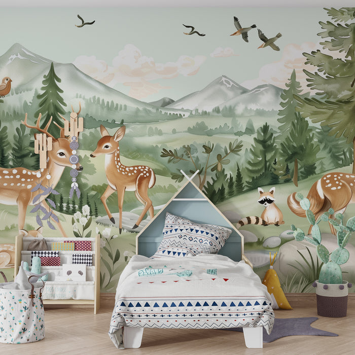 Papel pintado infantil | Bosque encantado con cervatillos y zorros