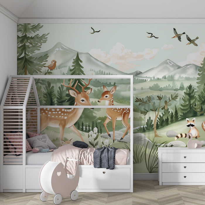 Papel pintado infantil | Bosque encantado con cervatillos y zorros