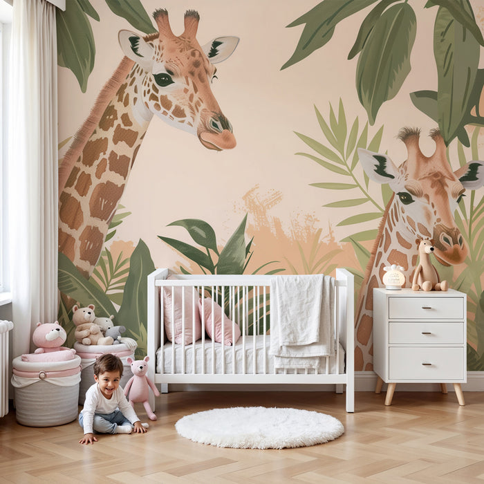 Tapeta detskej izby | Tropické safari so žirafami a bujným lístím