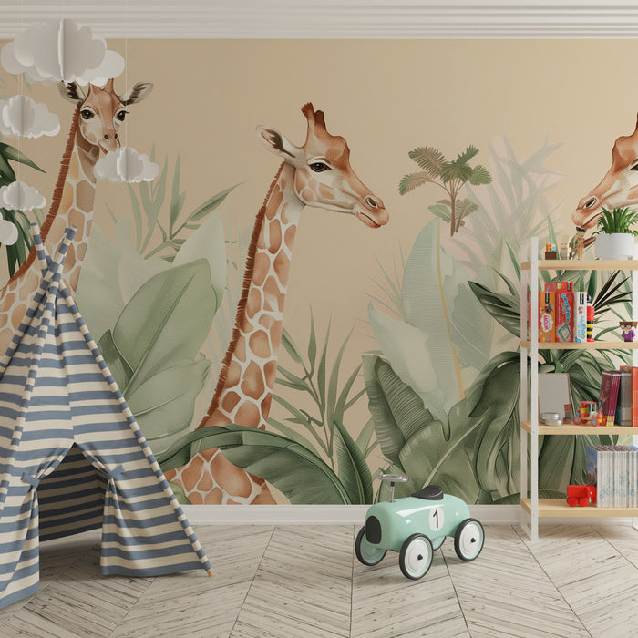 Kinderzimmer Tapete | Elegante Giraffen in einem tropischen Dschungel