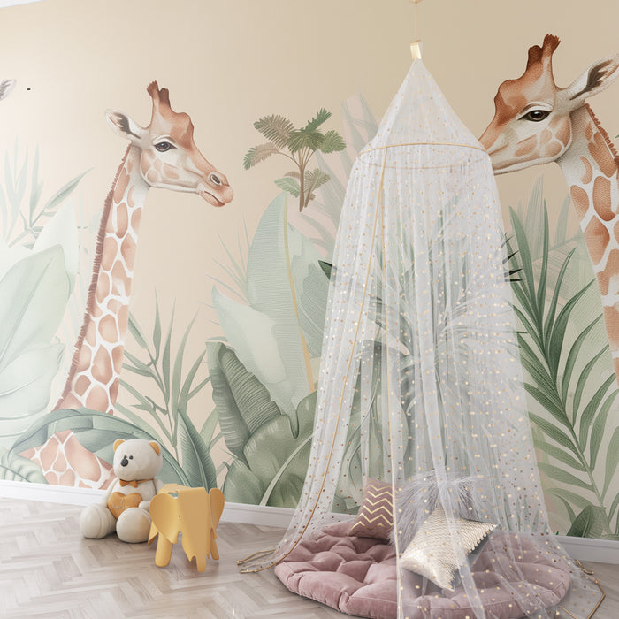 Kinderzimmer Tapete | Elegante Giraffen in einem tropischen Dschungel