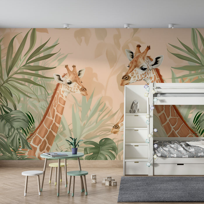 Papel de parede criança | Safari exótico com girafas e folhagem verdejante