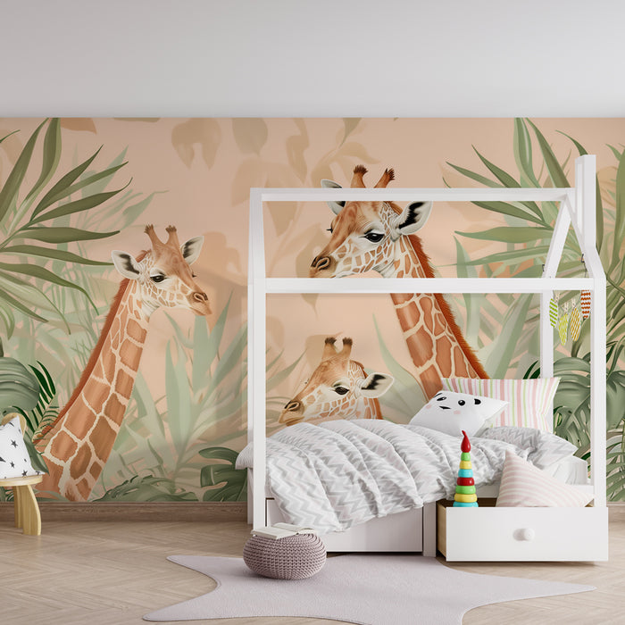 Papel de parede criança | Safari exótico com girafas e folhagem verdejante