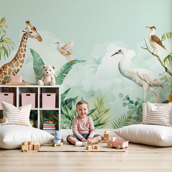 Tapeta do detskej izby | Tropické safari - Žirafy a exotické vtáky v akvareli