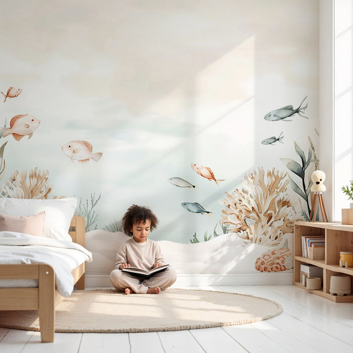 Kinderzimmer Tapete | Unterwasser-Riff mit pastellfarbenen Fischen und zarten Korallen