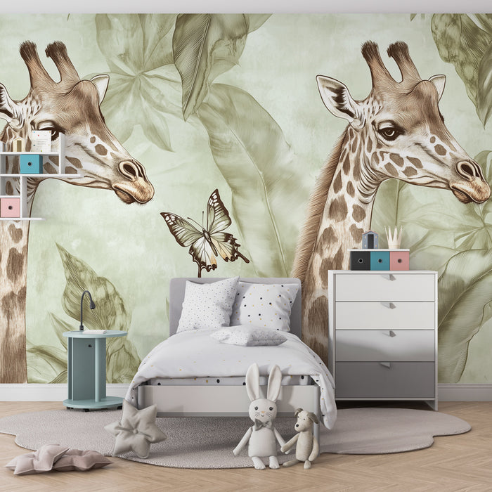 Papier peint chambre enfant | Jungle vintage avec girafes et papillon élégant