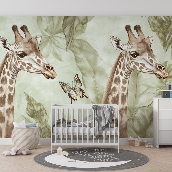 Papier peint chambre enfant | Jungle vintage avec girafes et papillon élégant
