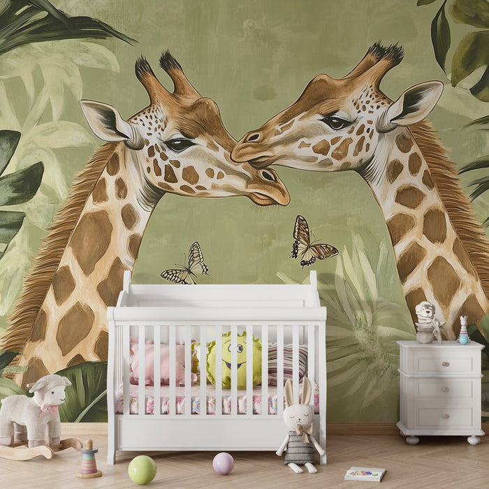 Papier peint chambre enfant | Girafes élégantes et jungle verdoyante
