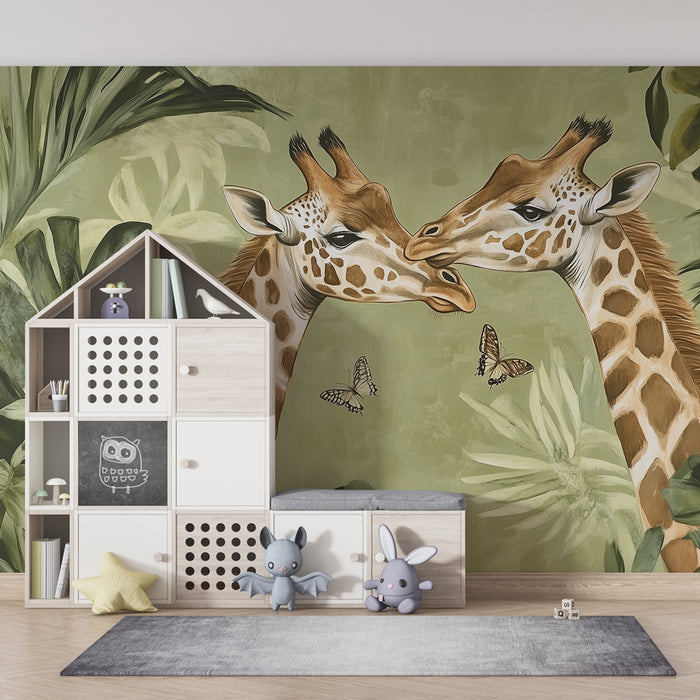 Papier peint chambre enfant | Girafes élégantes et jungle verdoyante