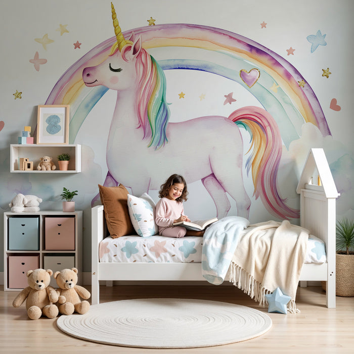 Kinderzimmer Tapete | Verzaubertes Einhorn unter pastellfarbenem Regenbogen