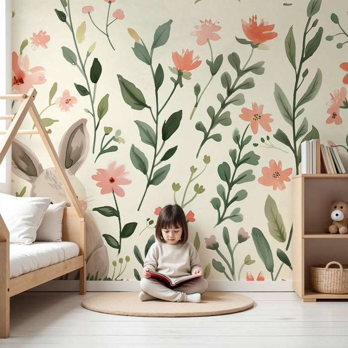 Papel de parede quarto bebê | Králíci a jarní květiny v akvarelu