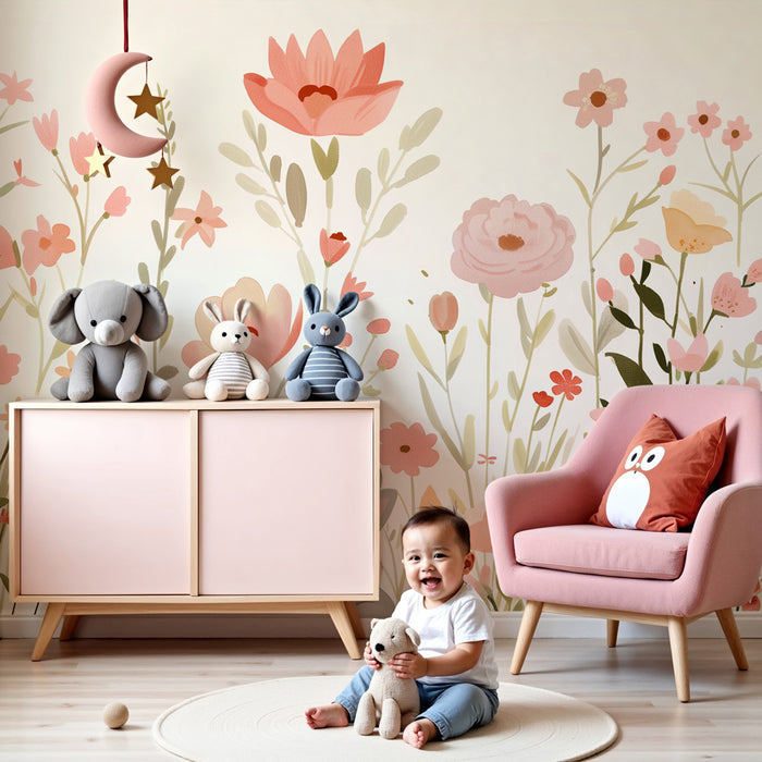 Kinderzimmer Tapete | Verzauberter Garten mit pastellfarbenen Blumen und spielenden Hasen