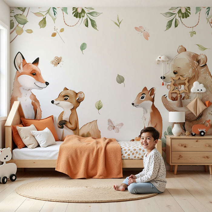 Papel de parede criança | Floresta encantada com animais e borboletas