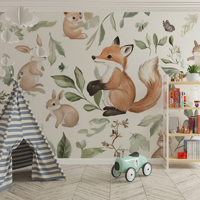 Papel de parede quarto bebê | Floresta encantada com raposas e coelhos