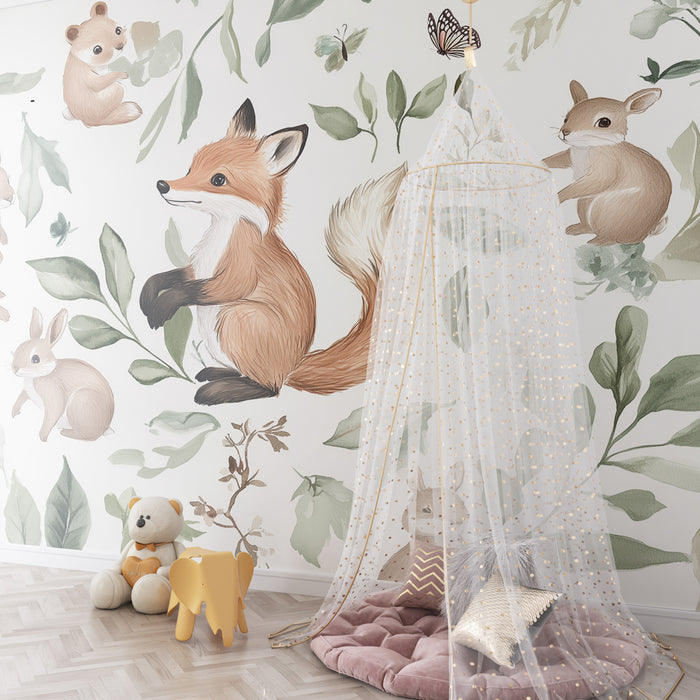Papel de parede quarto bebê | Floresta encantada com raposas e coelhos