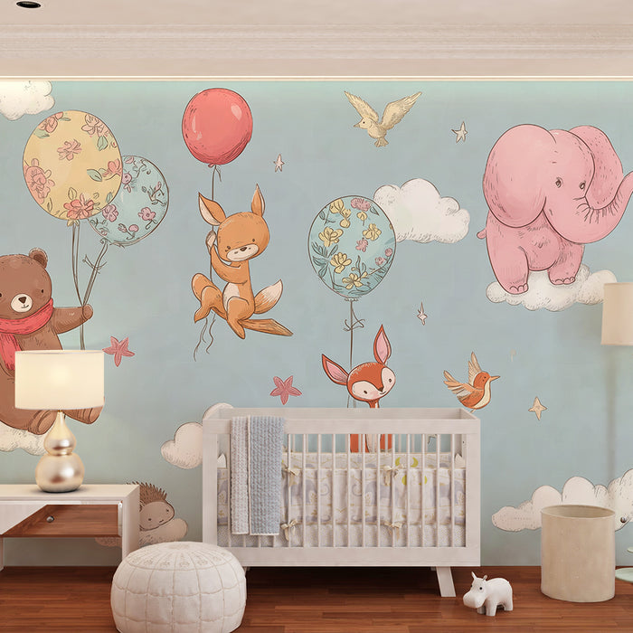Papel pintado infantil | Animales y globos en nubes