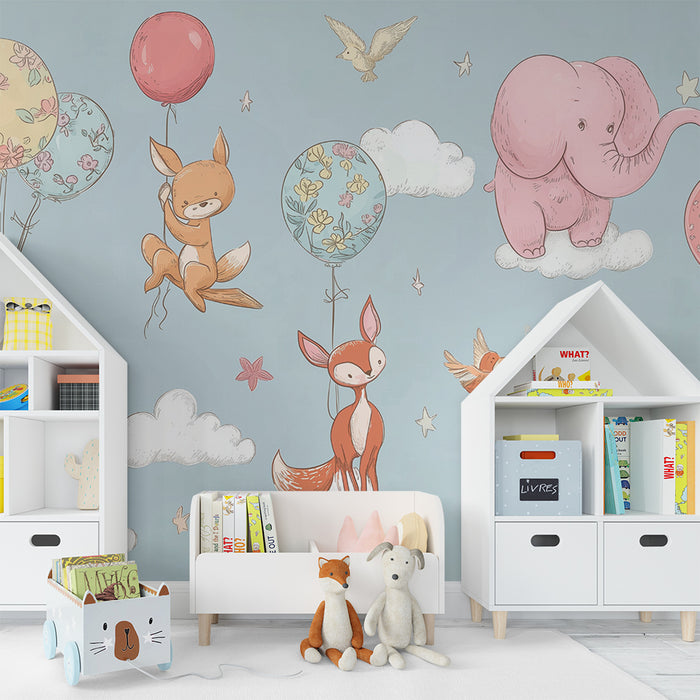 Papel pintado infantil | Animales y globos en nubes