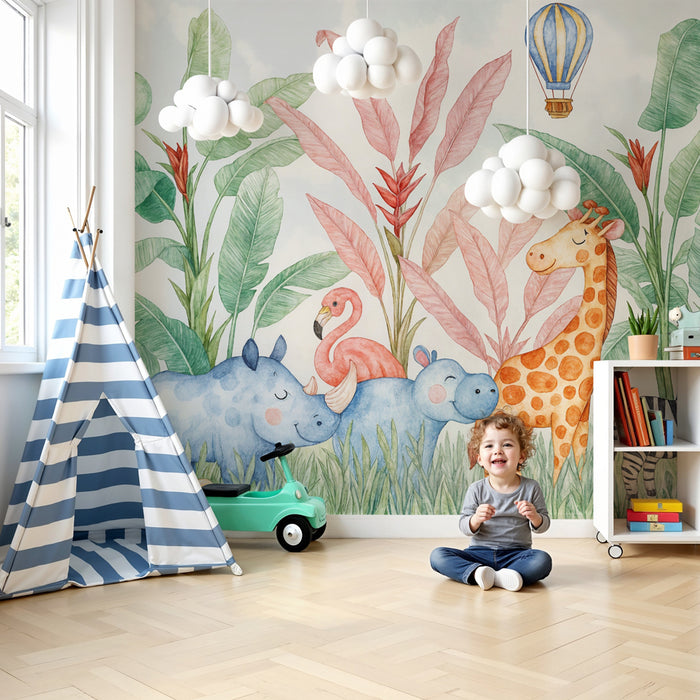 Papier peint jungle enfant | Animaux exotiques mignons