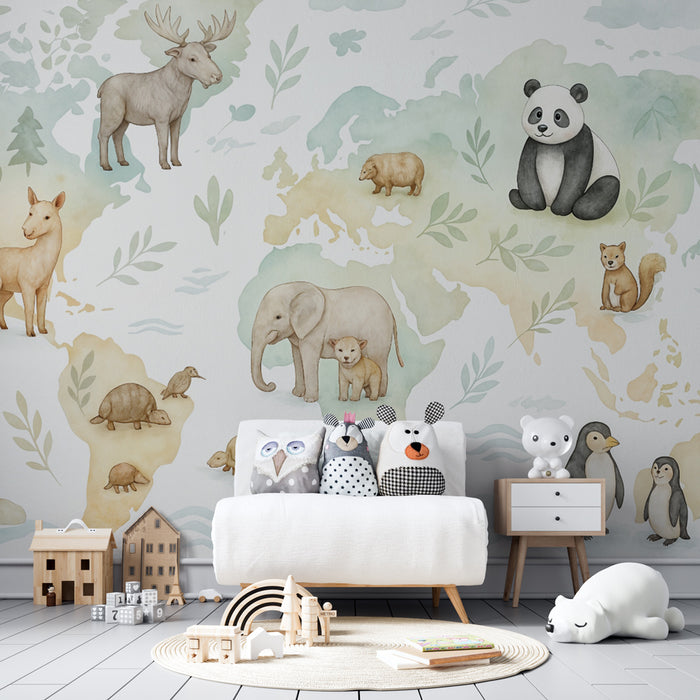 Papel de parede com mapa animal | Decoração de parede educativa