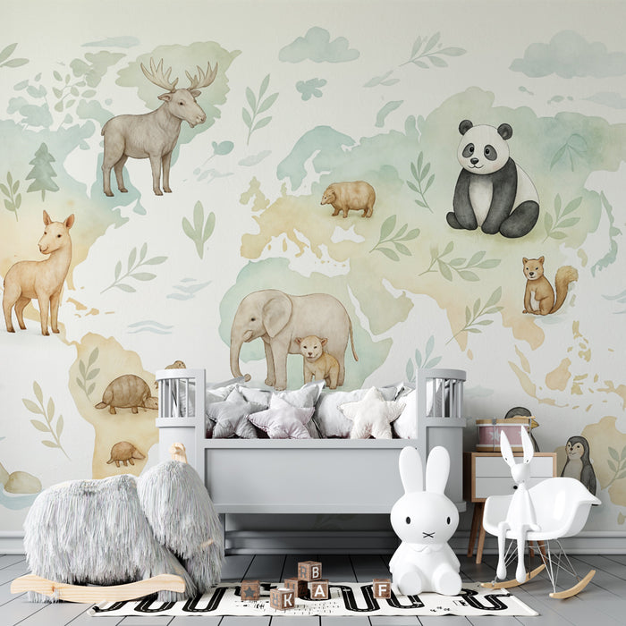 Papel de parede com mapa animal | Decoração de parede educativa