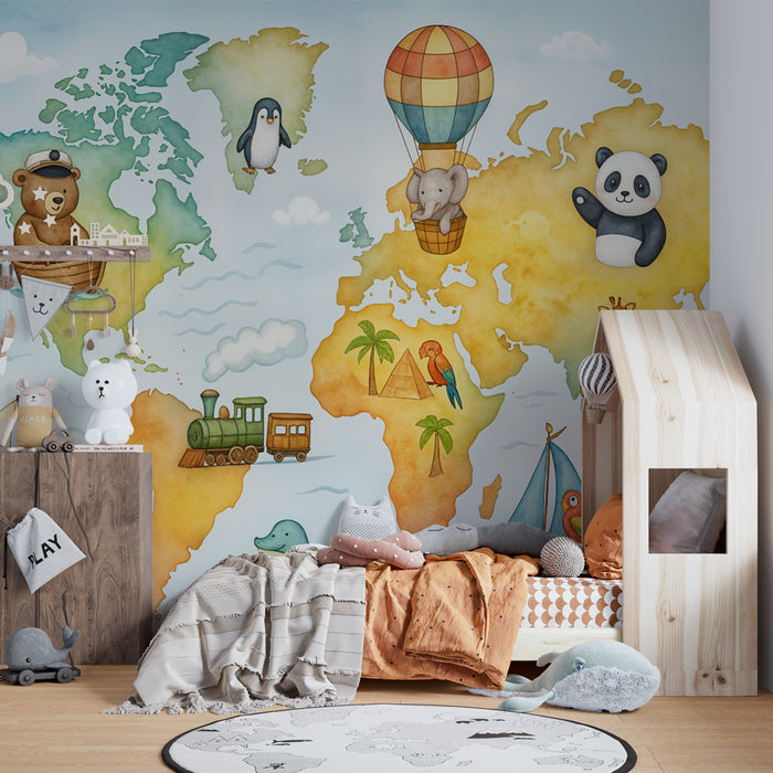 Carta da parati con mappa animale | Viaggio intorno al mondo per bambini