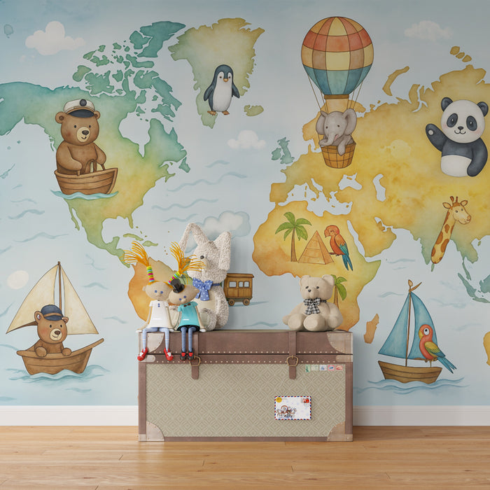 Carta da parati con mappa animale | Viaggio intorno al mondo per bambini