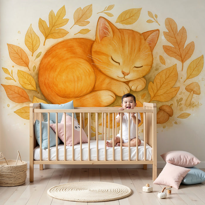 Papel pintado de gatito otoñal | Ilustración de un gatito rodeado de hojas