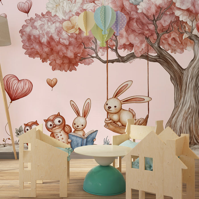 Kinderzimmer Tapete | Verzauberter Baum mit Tieren und Herzluftballons