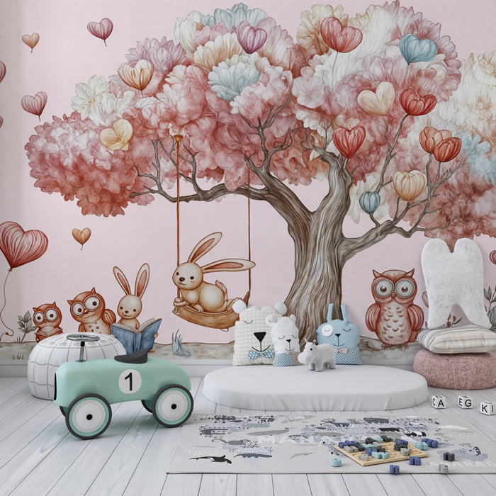 Kinderzimmer Tapete | Verzauberter Baum mit Tieren und Herzluftballons