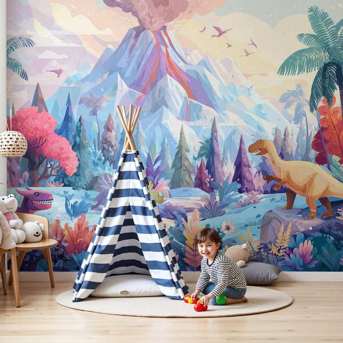 Papier peint dinosaure | Fantaisie volcanique et tropicale