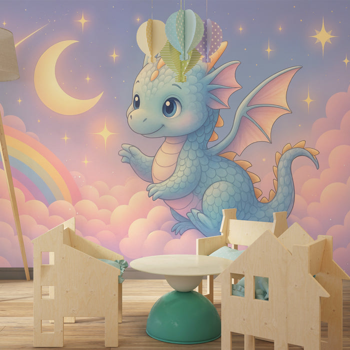 Papel de parede dragão céu estrelado | Padrão infantil e sonhador
