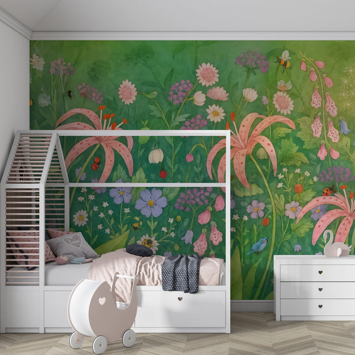 Blomstermönstrat tapet | Färgglad förtrollande trädgård
