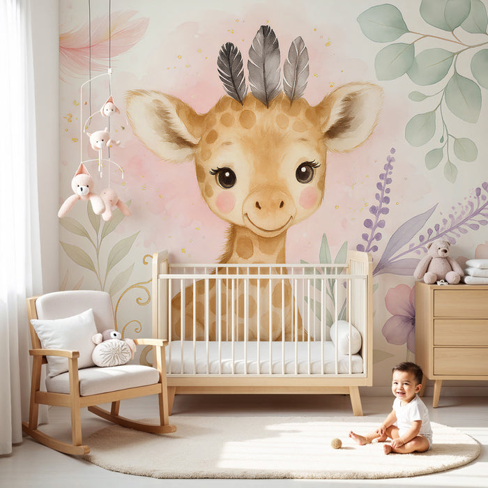 Papier peint chambre bébé | Adorable girafe et fleurs tendres